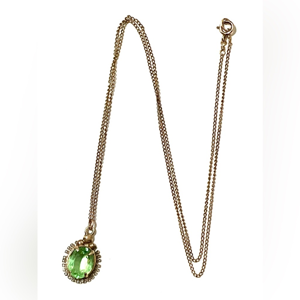 14K Gold Filled Green Spinel Uranium Glass Pendant Necklace 18”